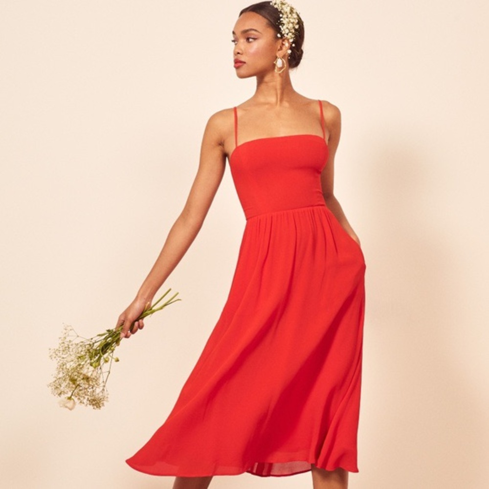 Reformation Rosehip Dress in Tomato Red